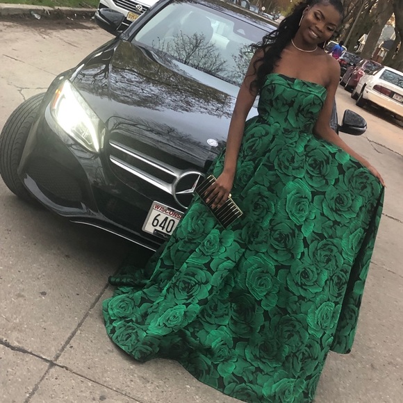 Floral Green Strapless Ball Gown Prom Dress - Picture 3 of 5